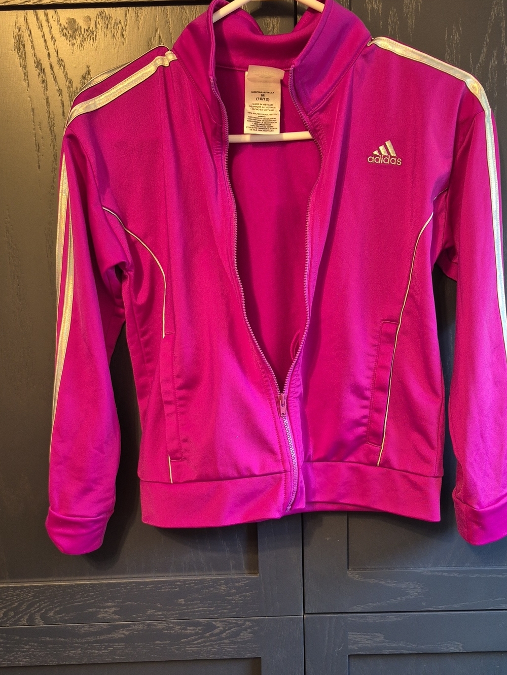 Adidas Magenta Track Jacket with Silver Stripes